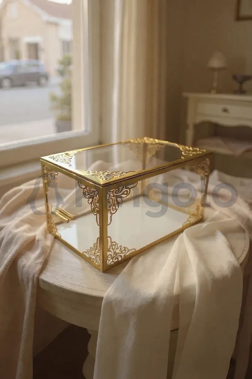 Şeffaf Kutu Gold İşlemeli Orta Boy Pleksi Bohça Sandığı | Çeyiz, Takı ve Hediye Kutusu