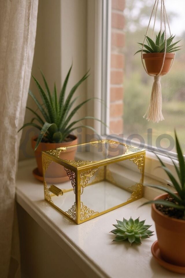 Şeffaf Kutu Gold İşlemeli Orta Boy Pleksi Bohça Sandığı | Çeyiz, Takı ve Hediye Kutusu