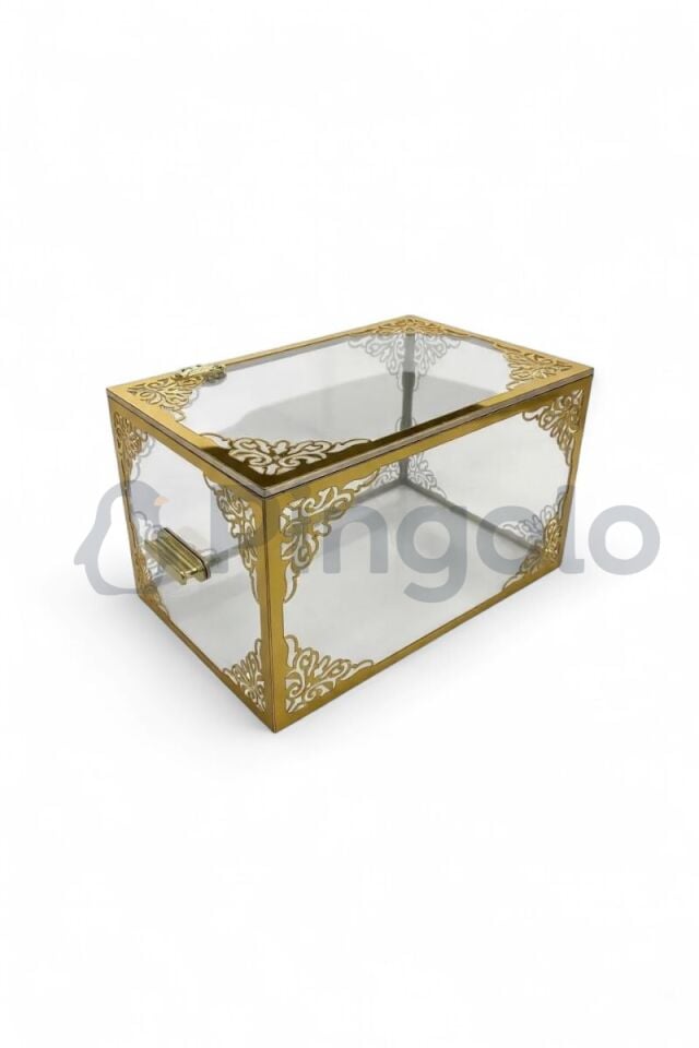 Şeffaf Kutu Gold İşlemeli Orta Boy Pleksi Bohça Sandığı | Çeyiz, Takı ve Hediye Kutusu