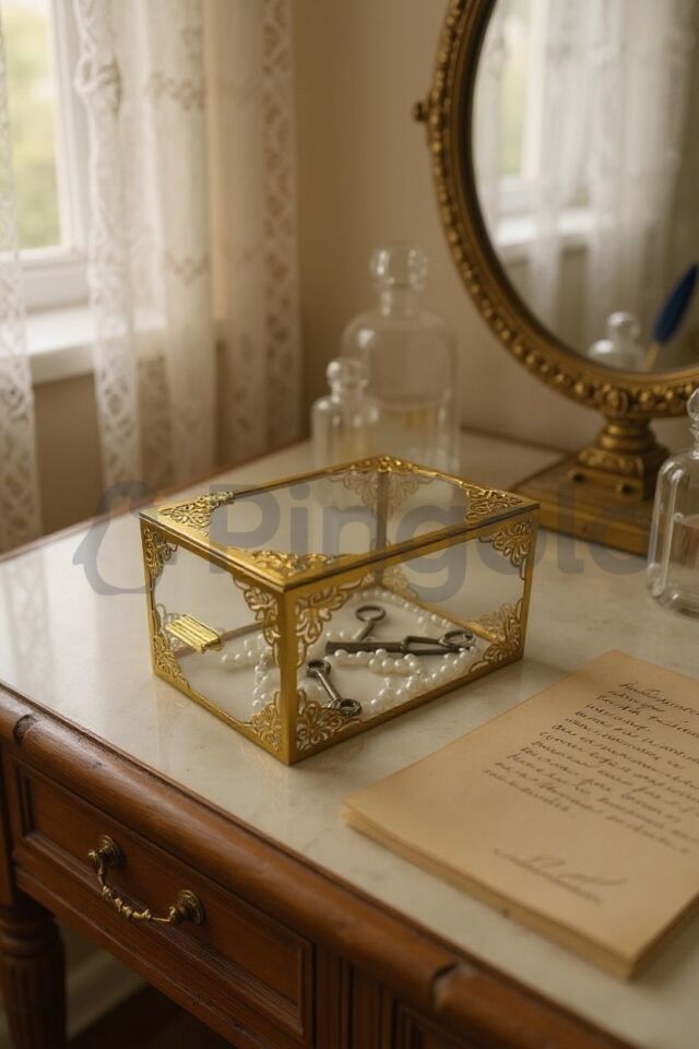 Şeffaf Gold İşlemeli Küçük Boy Pleksi Bohça Sandığı | Çeyiz, Takı ve Hediye Kutusu