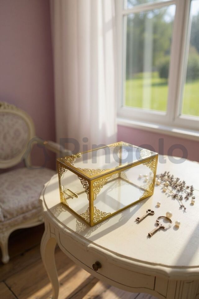 Şeffaf Gold İşlemeli Küçük Boy Pleksi Bohça Sandığı | Çeyiz, Takı ve Hediye Kutusu