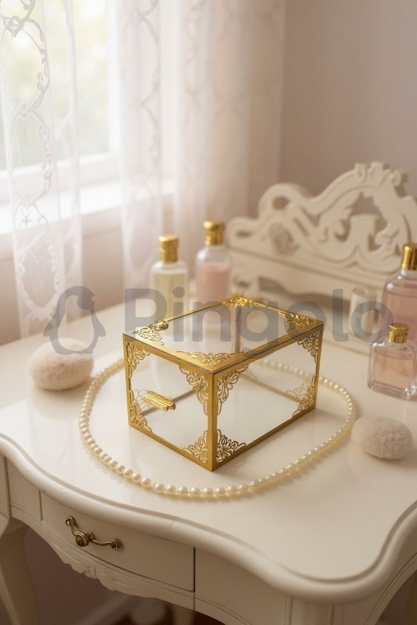 Şeffaf Gold İşlemeli Küçük Boy Pleksi Bohça Sandığı | Çeyiz, Takı ve Hediye Kutusu