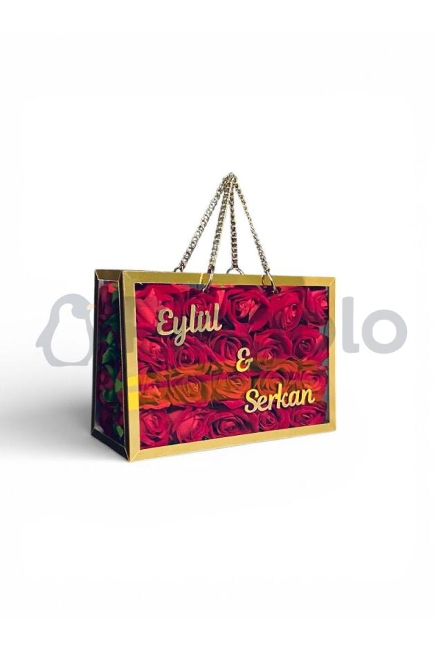 İsme Özel Hediyelik Kırmızı Gül Buketi Şeffaf Pleksi Çanta Gold Çerçeveli