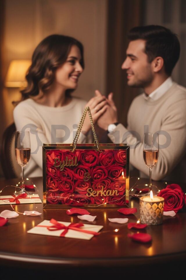 İsme Özel Hediyelik Kırmızı Gül Buketi Şeffaf Pleksi Çanta Gold Çerçeveli