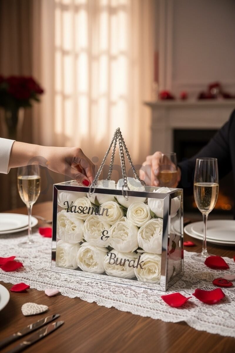 İsme Özel Hediyelik Beyaz Şakayık Buketi Şeffaf Pleksi Çanta Gümüş Çerçeveli