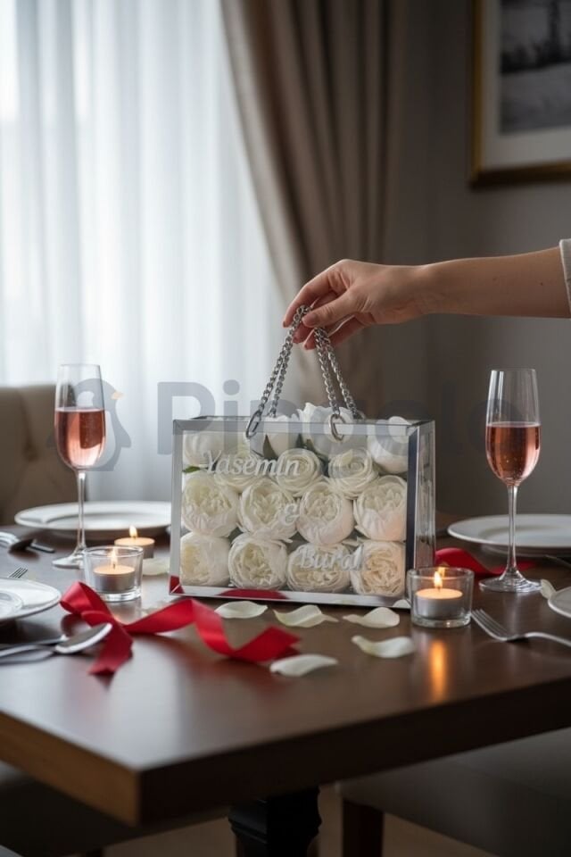 İsme Özel Hediyelik Beyaz Şakayık Buketi Şeffaf Pleksi Çanta Gümüş Çerçeveli