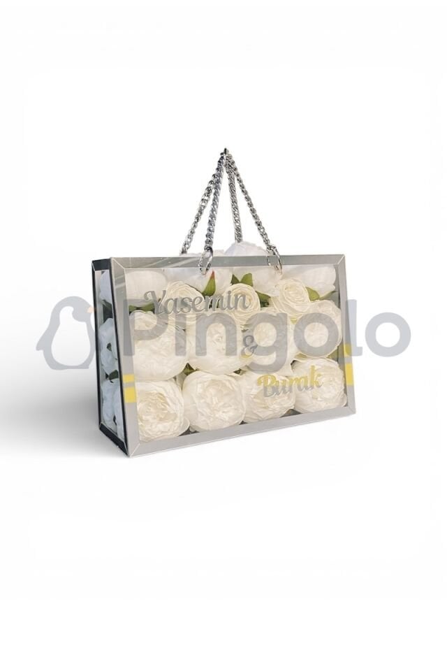 İsme Özel Hediyelik Beyaz Şakayık Buketi Şeffaf Pleksi Çanta Gümüş Çerçeveli