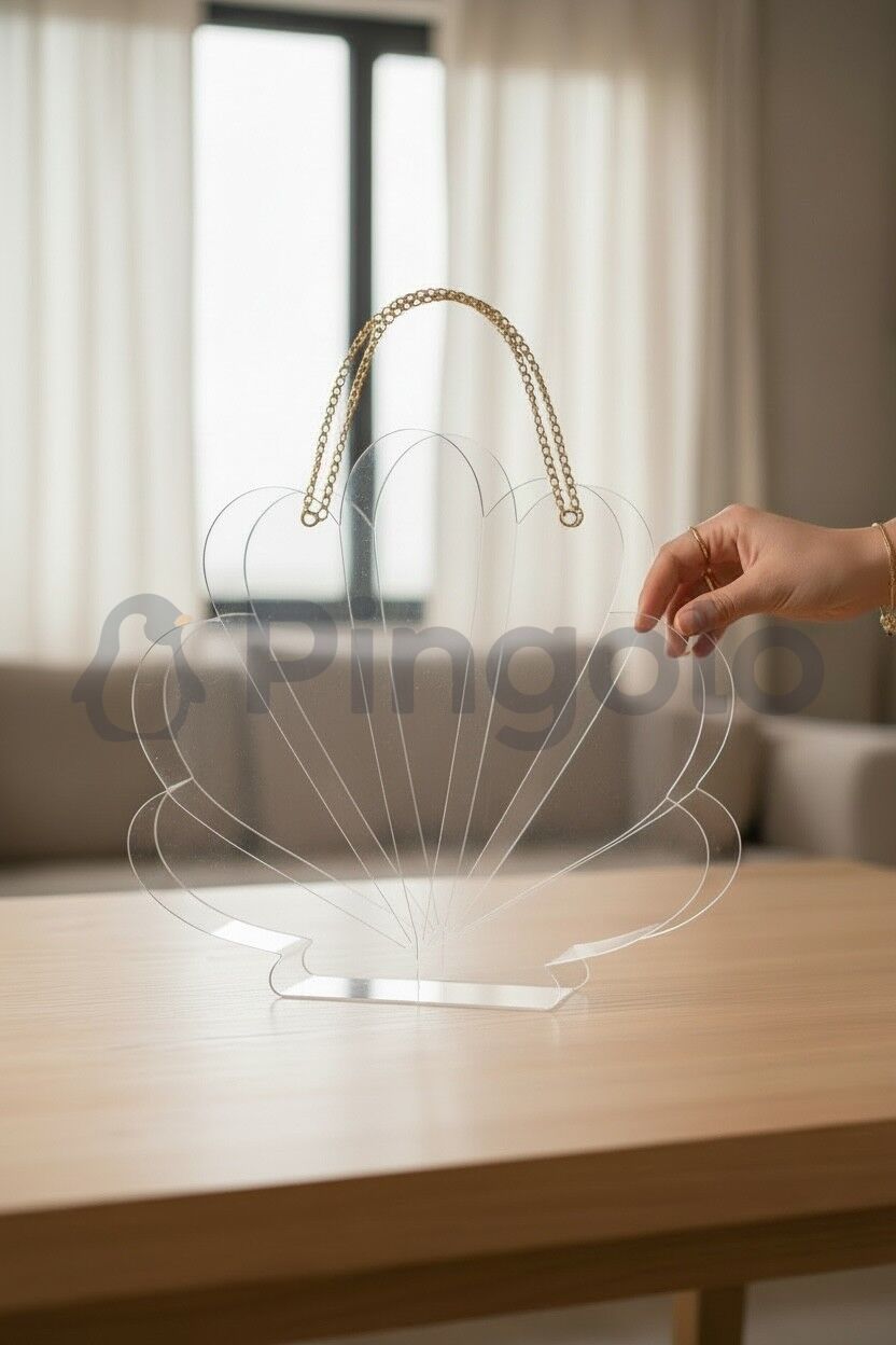 İstiridye Gold Aksesuarlı Şeffaf Akrilik Pleksi Çanta (İçi Boş)
