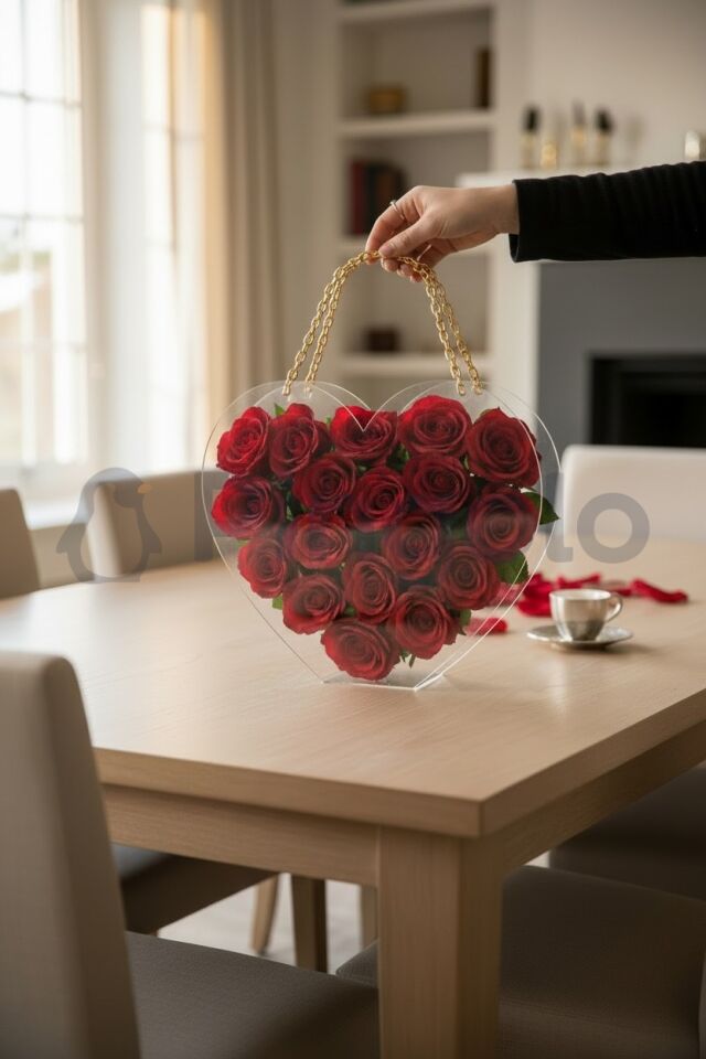 Kalp Gold Aksesuarlı Şeffaf Akrilik Pleksi Çanta (İçi Boş)