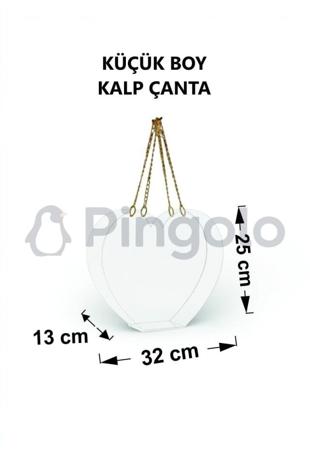 Kalp Gold Aksesuarlı Şeffaf Akrilik Pleksi Çanta (İçi Boş) Küçük Boy (32 x 25 cm)