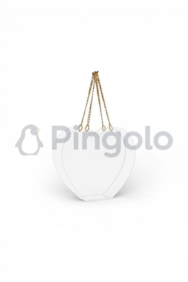 Kalp Gold Aksesuarlı Şeffaf Akrilik Pleksi Çanta (İçi Boş) Küçük Boy (32 x 25 cm)