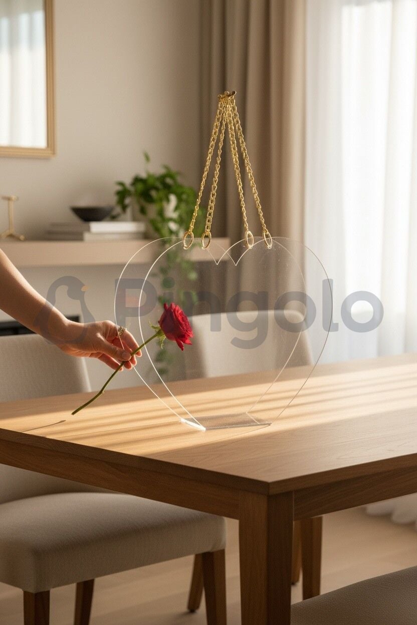 Kalp Gold Aksesuarlı Şeffaf Akrilik Pleksi Çanta (İçi Boş) Büyük Boy ( 40 x 32 cm)