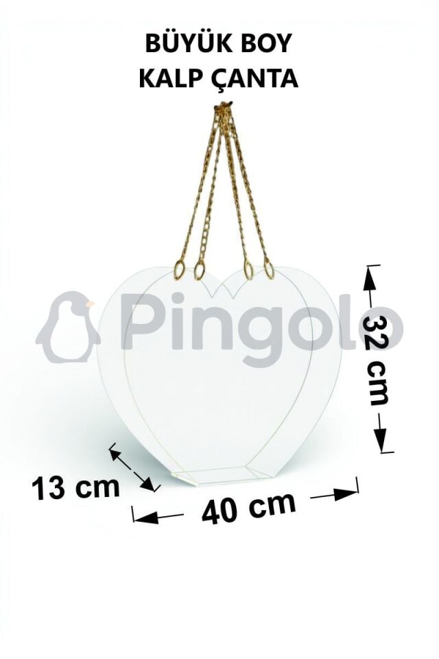 Kalp Gold Aksesuarlı Şeffaf Akrilik Pleksi Çanta (İçi Boş) Büyük Boy ( 40 x 32 cm)