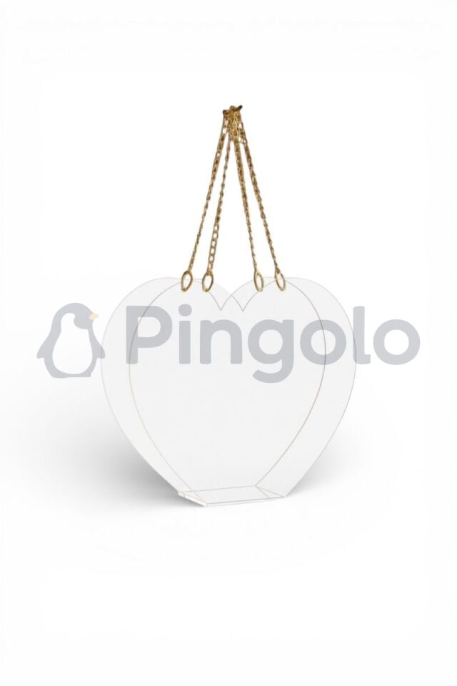 Kalp Gold Aksesuarlı Şeffaf Akrilik Pleksi Çanta (İçi Boş) Büyük Boy ( 40 x 32 cm)