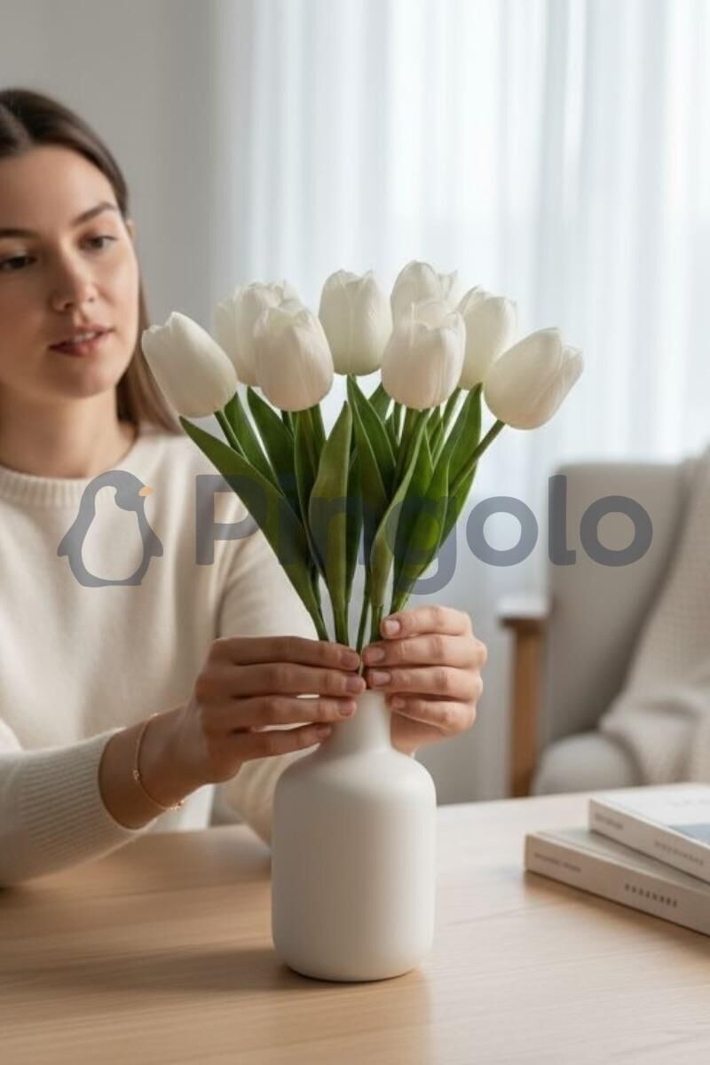 Beyaz Islak Lale 8 Dallı Yapay Çiçek PNG-503