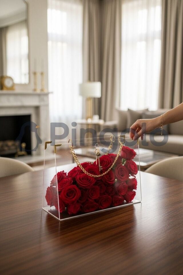 Dikdörtgen Gold Aksesuarlı Şeffaf Akrilik Pleksi Çanta (İçi Boş)