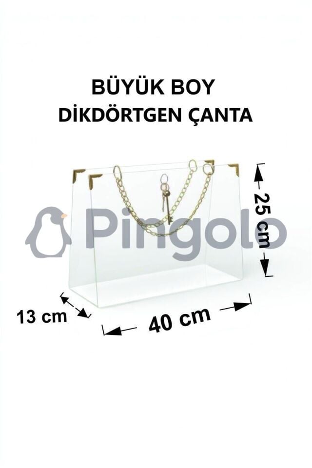 Dikdörtgen Gold Aksesuarlı Şeffaf Akrilik Pleksi Çanta (İçi Boş) Büyük Boy (40x25 cm)