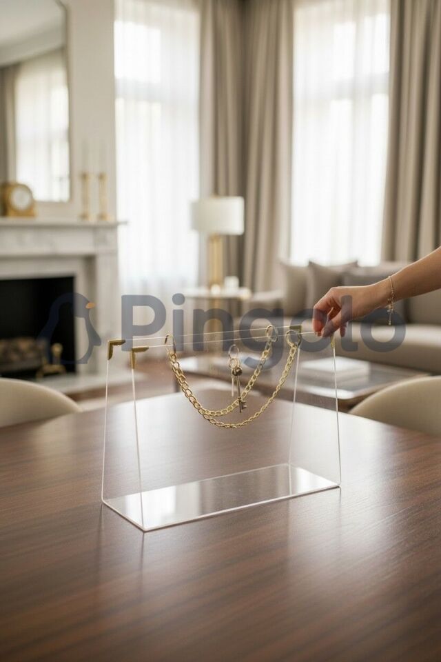 Dikdörtgen Gold Aksesuarlı Şeffaf Akrilik Pleksi Çanta (İçi Boş) Büyük Boy (40x25 cm)