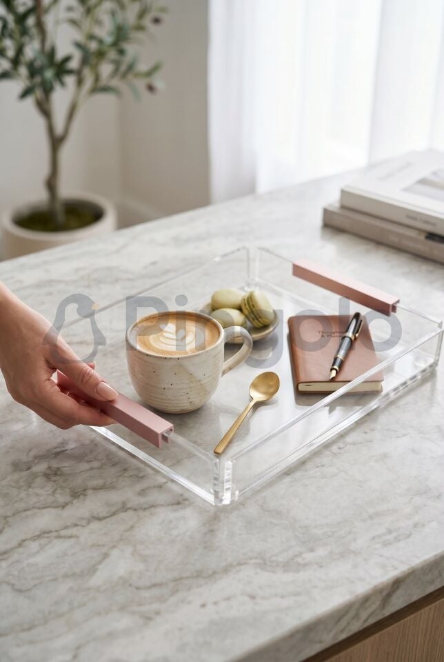 Mat Rose Pudra Kulplu Şeffaf Akrilik Sunum Tepsisi 20x23cm (1 Adet)