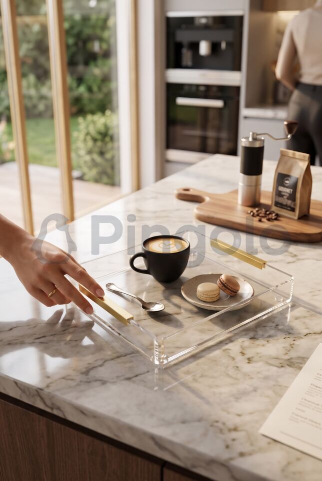 Eko Mat Gold Kulplu Şeffaf Akrilik Sunum Tepsisi 20x23cm (1 Adet)