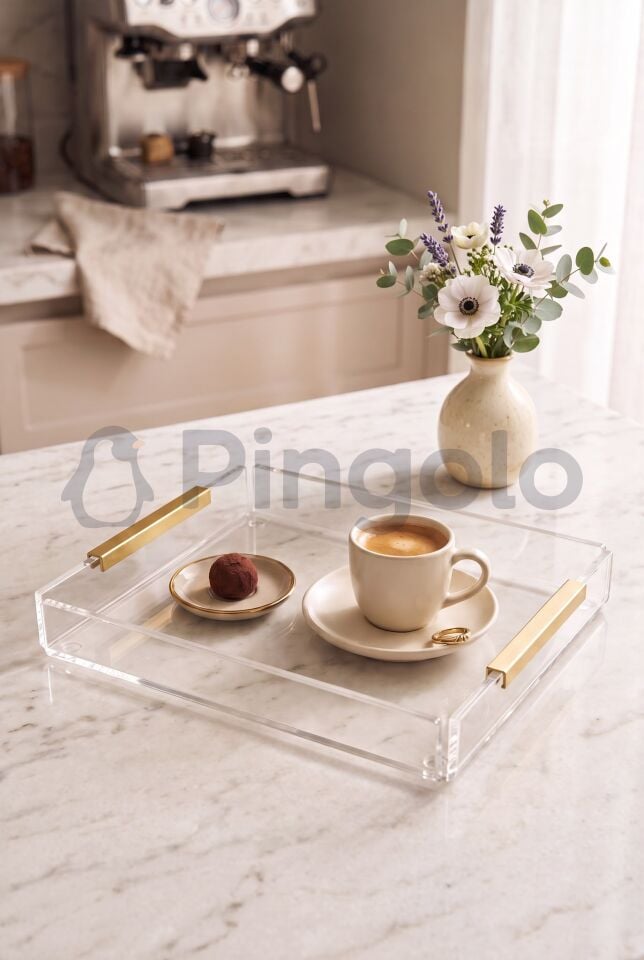 Eko Mat Gold Kulplu Şeffaf Akrilik Sunum Tepsisi 20x23cm (1 Adet)