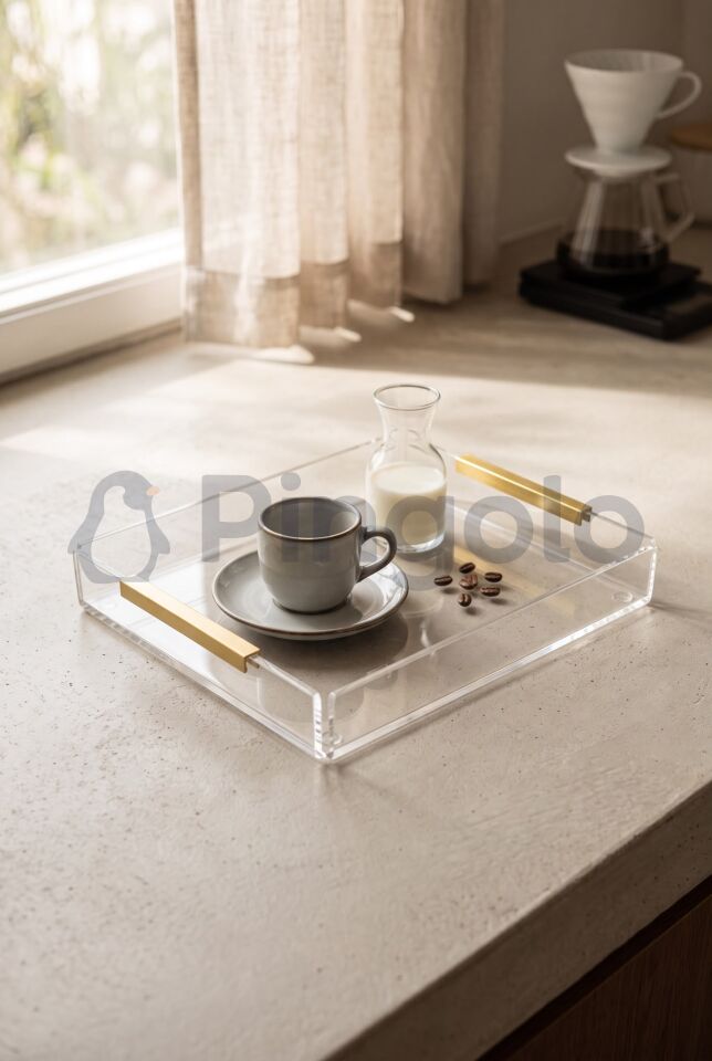 Eko Mat Gold Kulplu Şeffaf Akrilik Sunum Tepsisi 20x23cm (1 Adet)