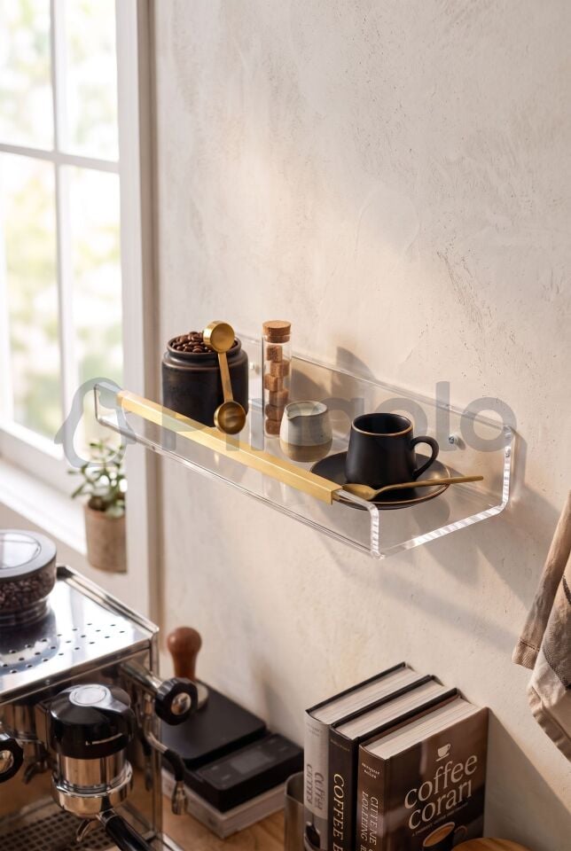 3'lü Şeffaf Akrilik 40x10cm Gold Aksesuarlı Organizer Duvar Rafı (3 Adet)