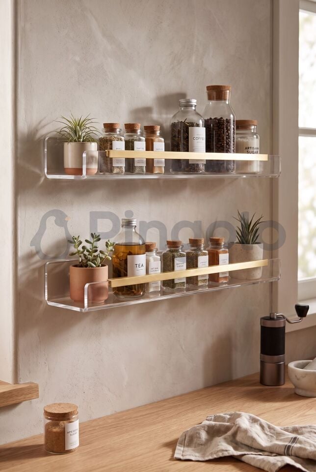 3'lü Şeffaf Akrilik 40x10cm Gold Aksesuarlı Organizer Duvar Rafı (3 Adet)