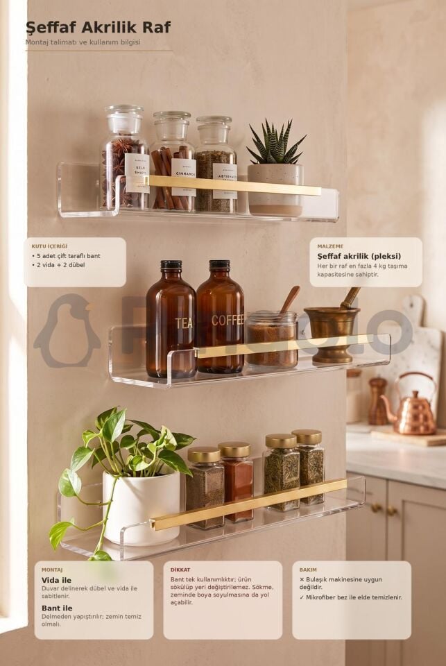 3'lü Şeffaf Akrilik 40x10cm Gold Aksesuarlı Organizer Duvar Rafı (3 Adet)