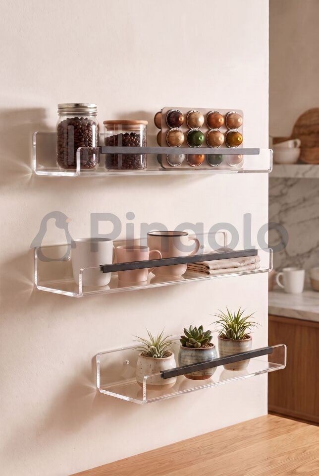 3'lü Şeffaf Akrilik 40x10cm Siyah Aksesuarlı Organizer Duvar Rafı (3 Adet)