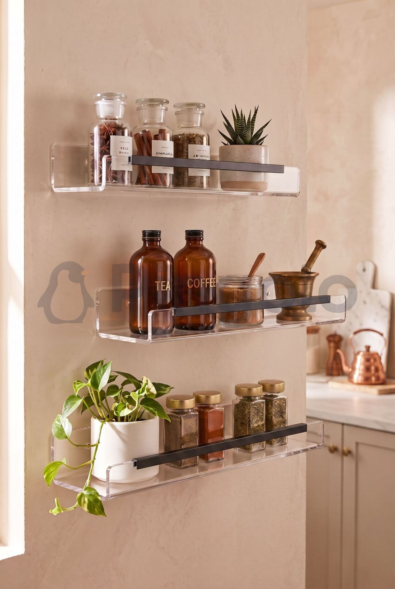 3'lü Şeffaf Akrilik 40x10cm Siyah Aksesuarlı Organizer Duvar Rafı (3 Adet)