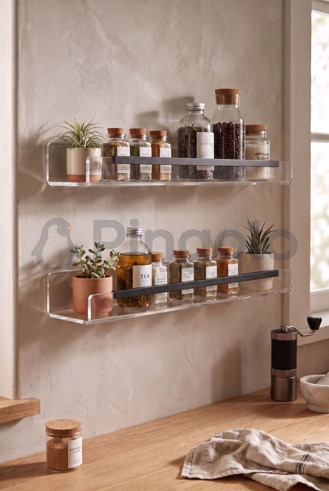 3'lü Şeffaf Akrilik 40x10cm Siyah Aksesuarlı Organizer Duvar Rafı (3 Adet)