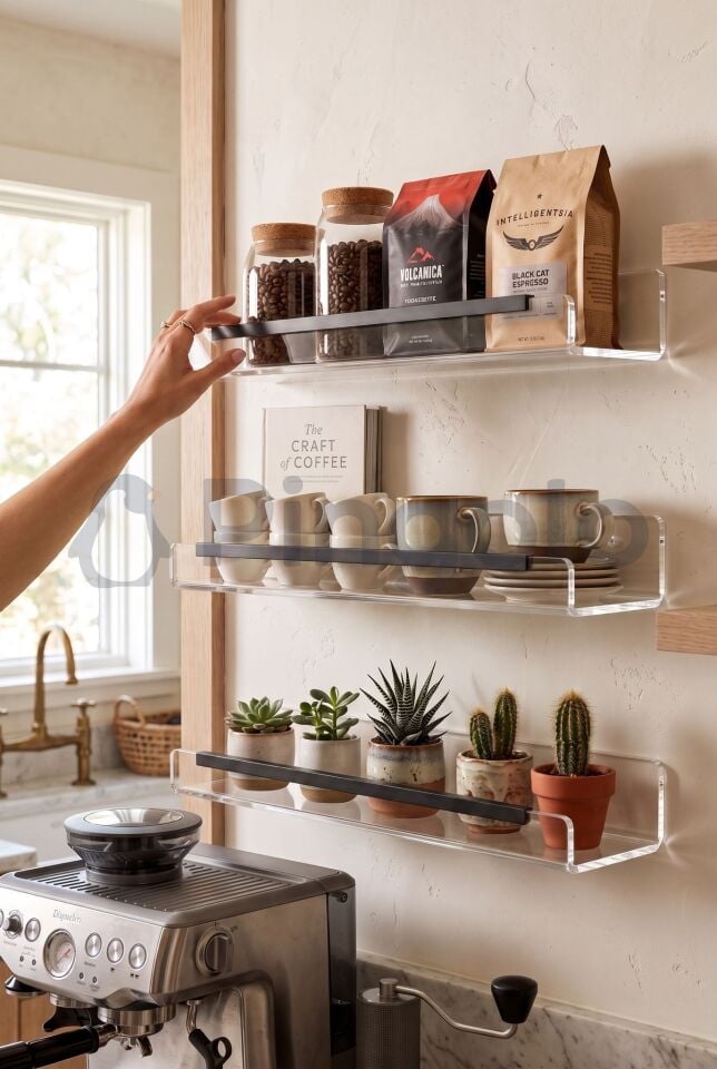 3'lü Şeffaf Akrilik 40x10cm Siyah Aksesuarlı Organizer Duvar Rafı (3 Adet)