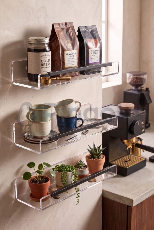 3'lü Şeffaf Akrilik 40x10cm Siyah Aksesuarlı Organizer Duvar Rafı (3 Adet)