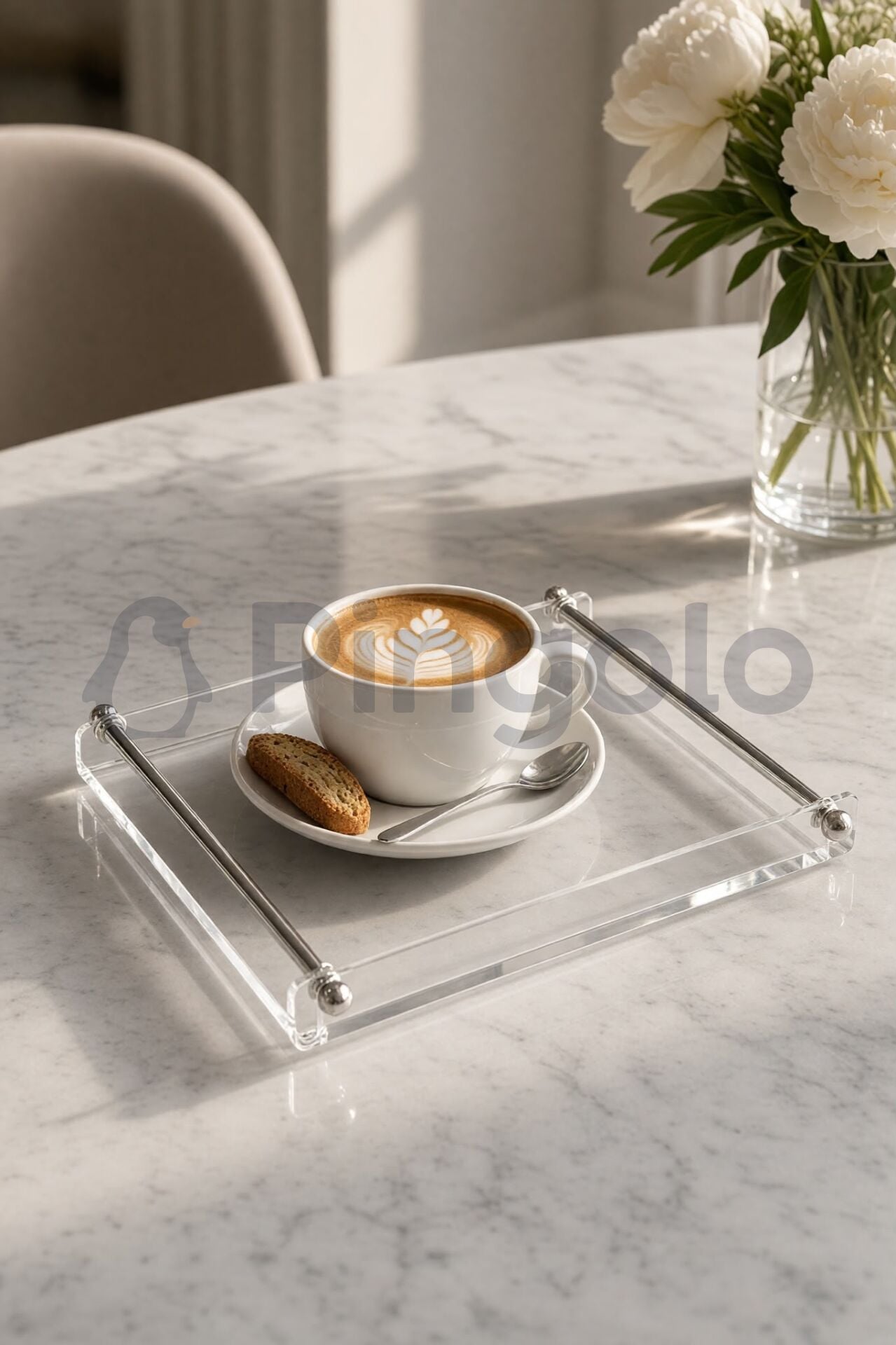 Parlak Gümüş Kaplamalı Metal Kulplu Şeffaf Akrilik Sunum Tepsisi (25x19cm)