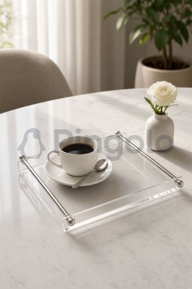Parlak Gümüş Kaplamalı Metal Kulplu Şeffaf Akrilik Sunum Tepsisi (25x19cm)