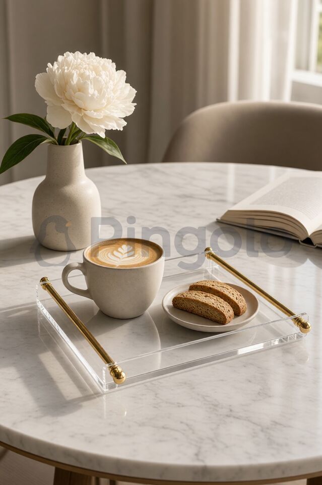 Parlak Gold Kaplamalı Metal Kulplu Şeffaf Akrilik Sunum Tepsisi (25x19cm)