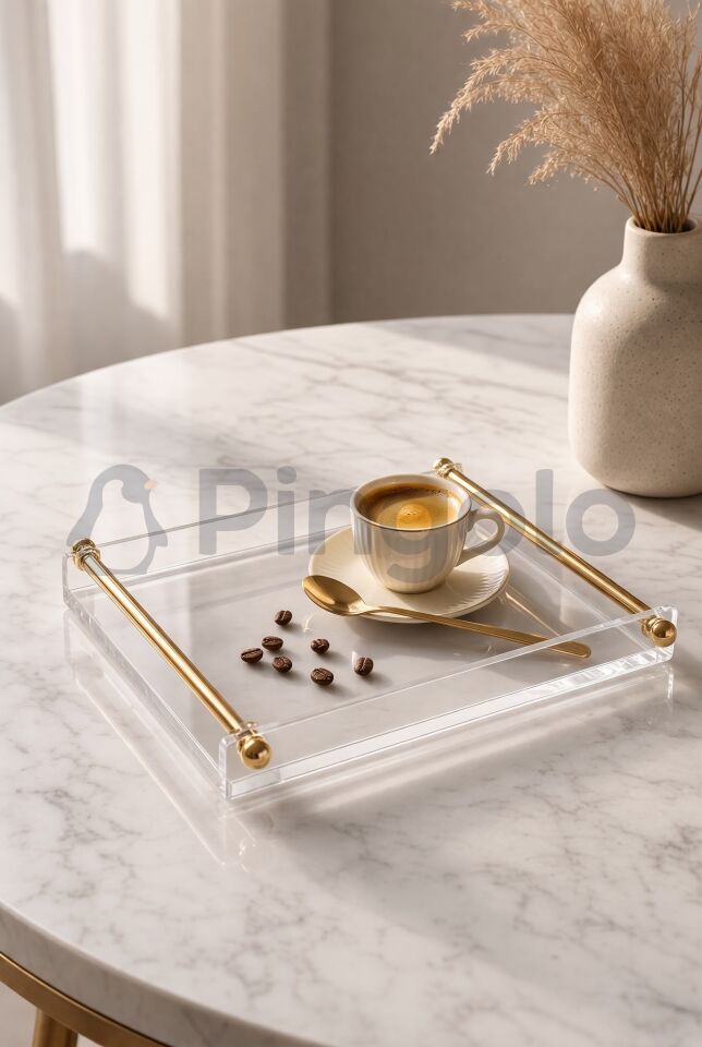 Parlak Gold Kaplamalı Metal Kulplu Şeffaf Akrilik Sunum Tepsisi (25x19cm)