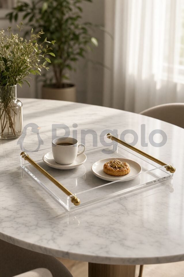 Mat Gold Kaplamalı Metal Kulplu Şeffaf Akrilik Sunum Tepsisi (25x19cm)