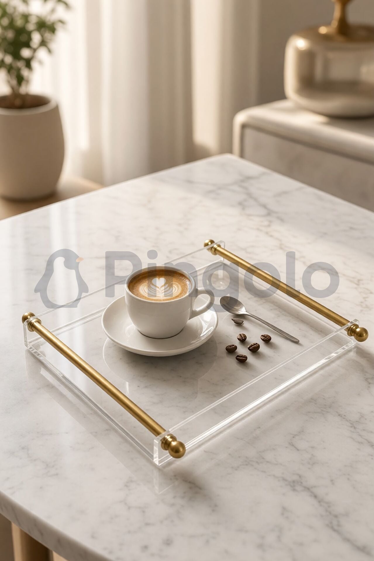 Mat Gold Kaplamalı Metal Kulplu Şeffaf Akrilik Sunum Tepsisi (25x19cm)