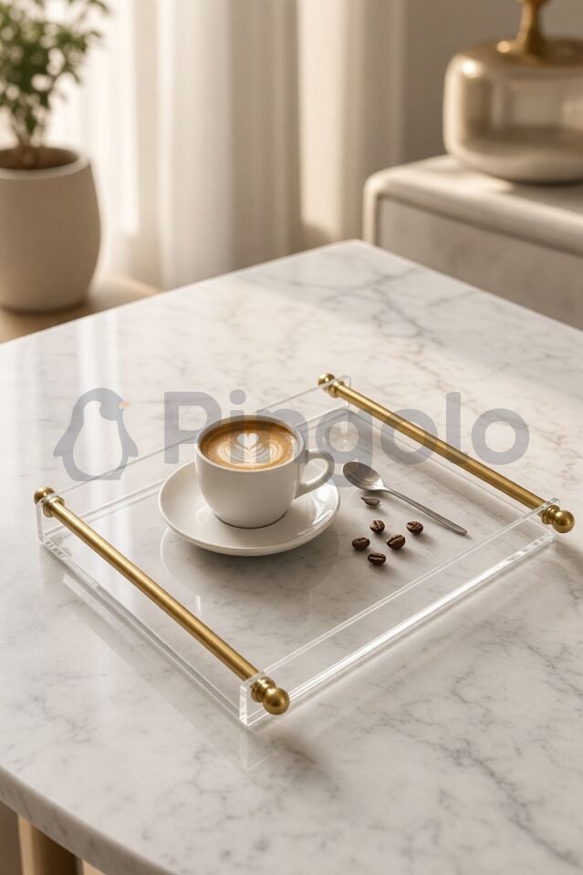 Mat Gold Kaplamalı Metal Kulplu Şeffaf Akrilik Sunum Tepsisi (25x19cm)