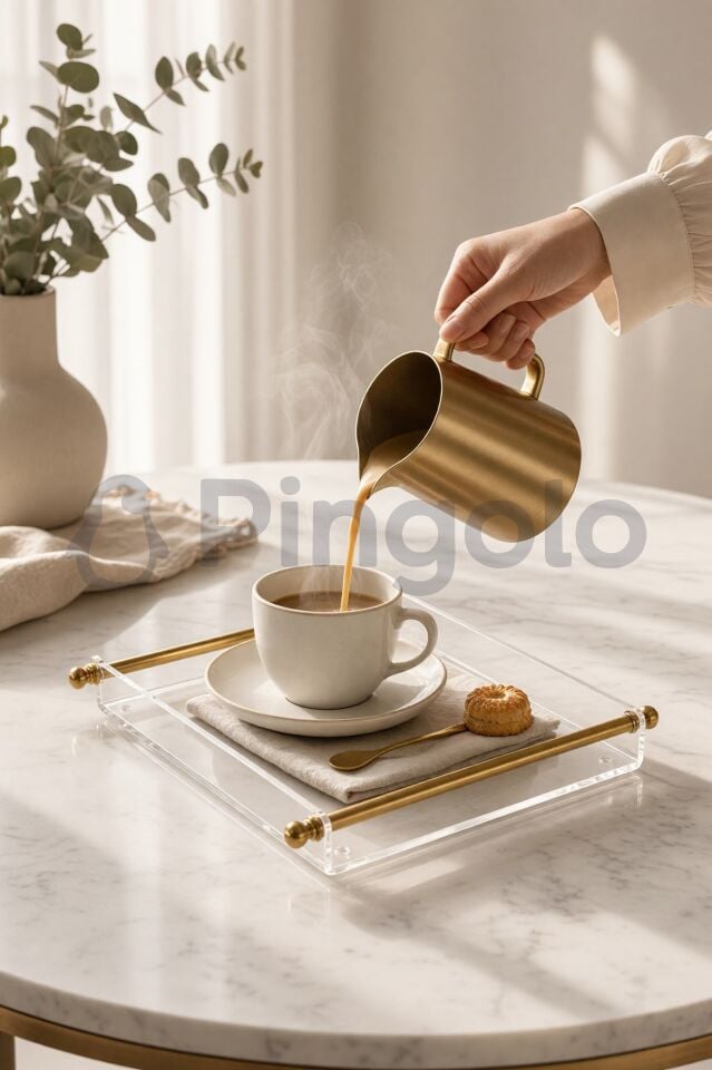Mat Gold Kaplamalı Metal Kulplu Şeffaf Akrilik Sunum Tepsisi (25x19cm)