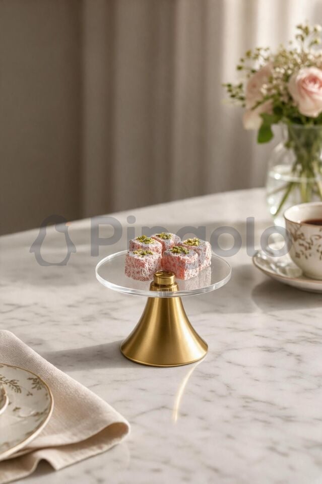 Mat Gold Metal Kaideli Şeffaf Akrilik Lokumluk | Kahve Sunumu Aksesuarı (1 Adet)